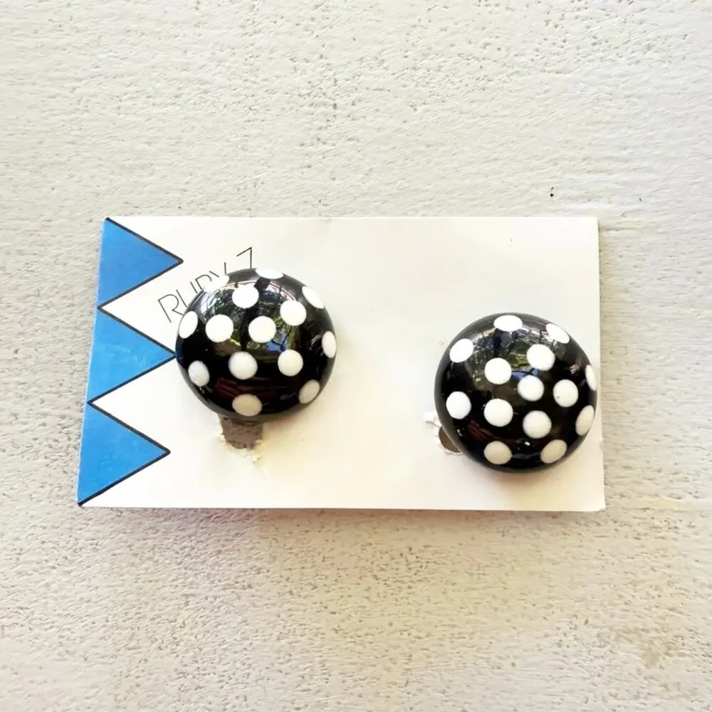 RUBY Z Vintage Ceramic Hand Painted Polka Dot Clip On Statement Earrings